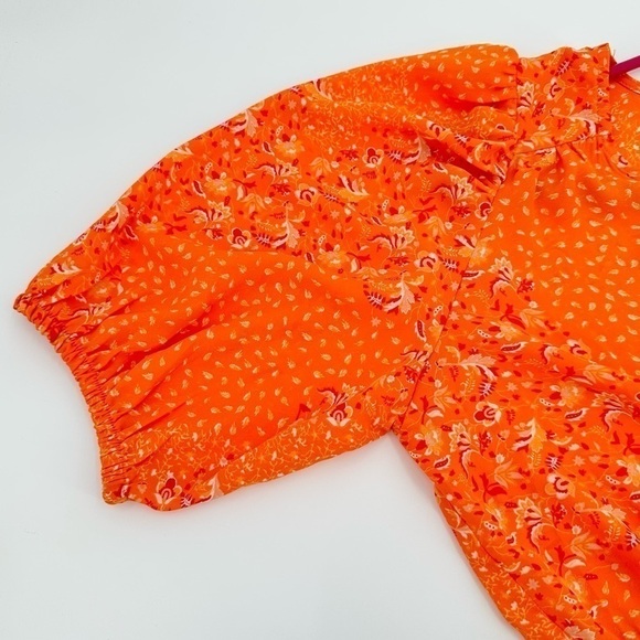 JOIE Women’s V-Neck Orange/Pink Floral Balloon Sleeve Crop Top w/Tie Size Large - Picture 4 of 14